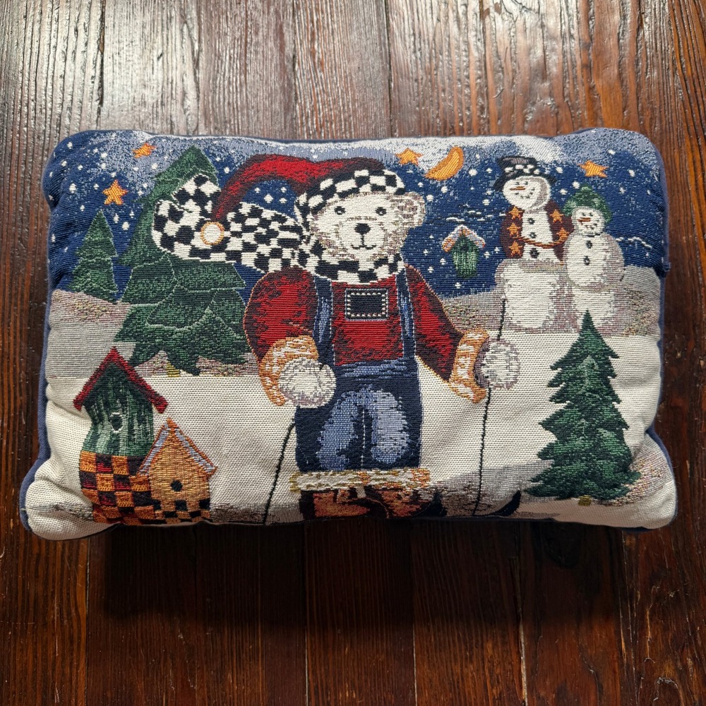Vintage Winter Skiing Teddy Bear Snowman Woven Tapestry Throw Pillow Navy 16x11